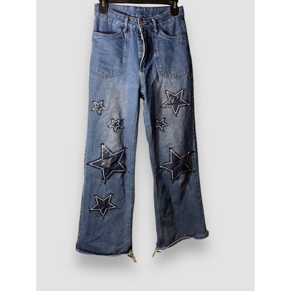 Women’s Denim Trendy High Waist Wide Leg Y2K Jeans Star Patch Pants Sz Small - Picture 3 of 7